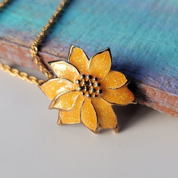 Vintage 80s Avon glitter enamel sunflower convertible necklace pendant/brooch